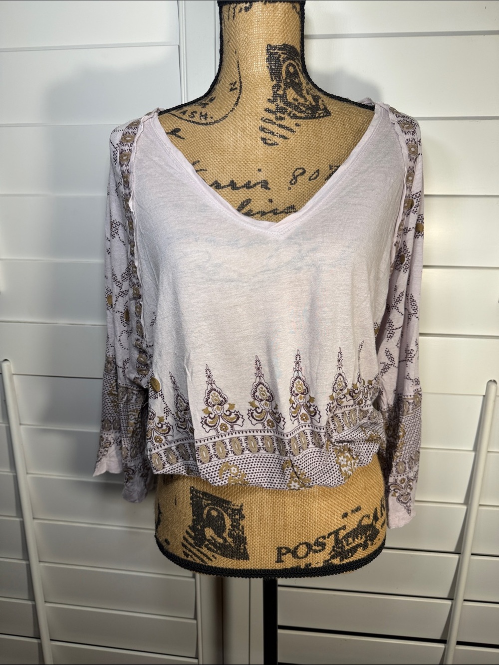 Free People Light Pink Printed V-Neck Blouse with Gold Accents